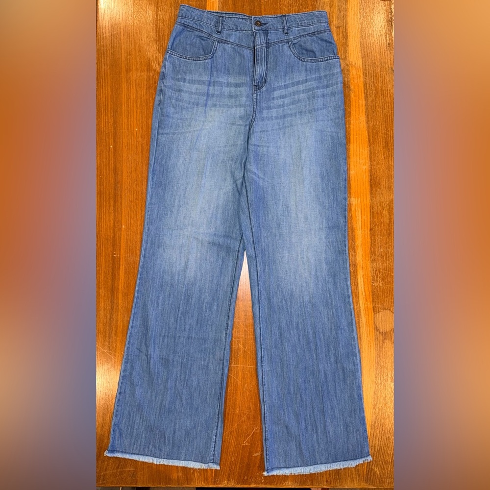 eShakti Blue Women’s size 12 Wide Leg Jeans Think comfortable denim whiskering